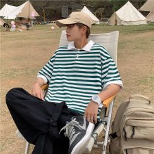 2021夏季新款POLO衫男港风潮流条纹t恤短袖痞子帅气上衣W389-P32，男装Polo衫，星座412-2