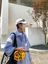 【2024春夏】拼接CITYBOY风中性休闲夏季宽松五分袖男短袖衬衫，男装衬衫，星座112A