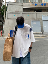 【2024春夏】拼接CITYBOY风中性休闲夏季宽松五分袖男短袖衬衫，男装衬衫，星座112A
