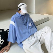 【2024春夏】拼接CITYBOY风中性休闲夏季宽松五分袖男短袖衬衫，男装衬衫，星座112A
