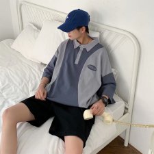 polo衫男短袖拼接字母港风夏季新款2021上衣宽松痞子帅气W766-P25，男装Polo衫，星座412-2