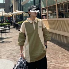 polo衫男短袖拼接字母港风夏季新款2021上衣宽松痞子帅气W766-P25，男装Polo衫，星座412-2