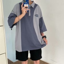 polo衫男短袖拼接字母港风夏季新款2021上衣宽松痞子帅气W766-P25，男装Polo衫，星座412-2