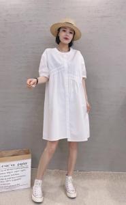 XL9917韩版夏季新款圆领宽松显瘦打褶皱单排扣中长款连衣裙,女装连衣裙,L·H·X