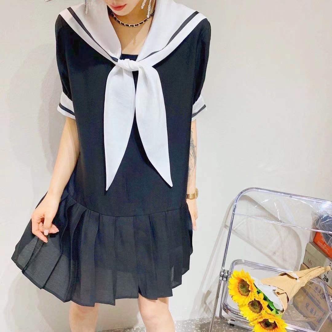 夏季海军风连衣裙，女装连衣裙，依岸