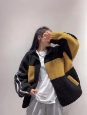 腔调款双色拼接羊羔毛外套，女装，r+i=aa