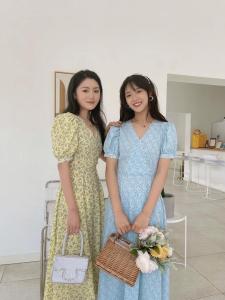 仿真丝雪纺印花珍珠扣高档连衣裙,女装连衣裙,欧尼蒂