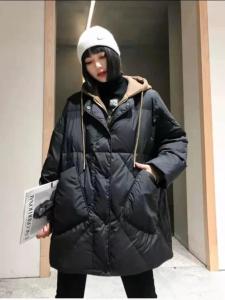 DG859欧洲站时尚拼接假两件中长新款连帽宽松口袋羽绒外套,女装,L·H·X
