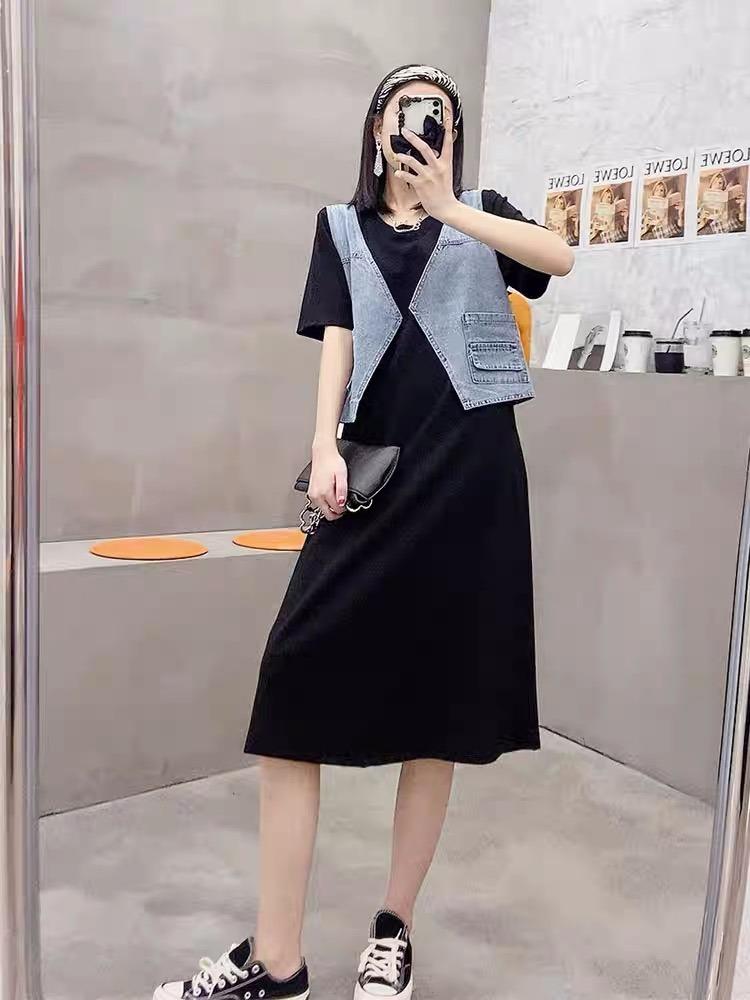 【现货】夏季新款假两件拼接牛仔连衣裙，女装连衣裙，名依人