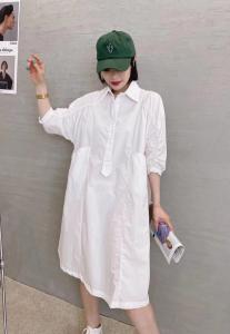 XL9906新款高级感大口袋套头抽褶长款短袖宽松韩版衬衫裙，女装衬衫，L·H·X