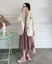 21005v领短袖碎花连衣裙，女装连衣裙，mona 茉奈