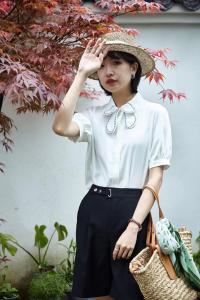 现货，夏款，撞色绣花蝴蝶领小衫,女装,OL