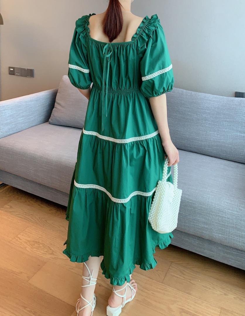 夏季新款复古绿泡泡袖法式少女连衣裙，女装连衣裙，水锦红