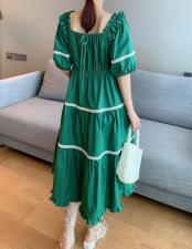 夏季新款复古绿泡泡袖法式少女连衣裙，女装连衣裙，水锦红
