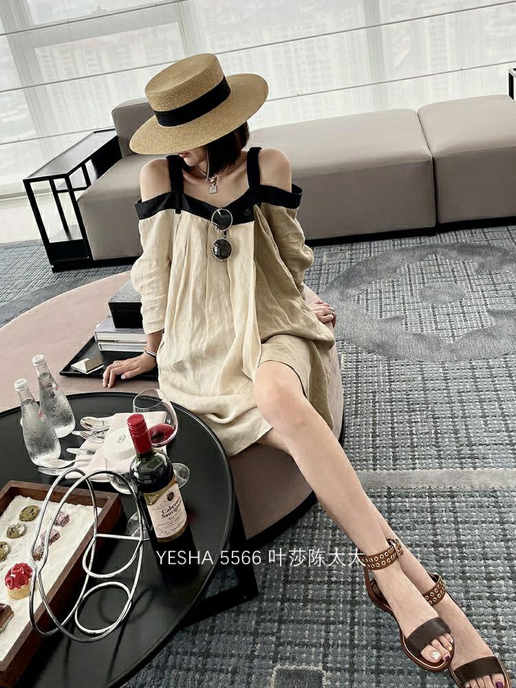 舒适麻料一字肩吊带连衣裙，女装背心吊带，欧妮卡蒂蔓
