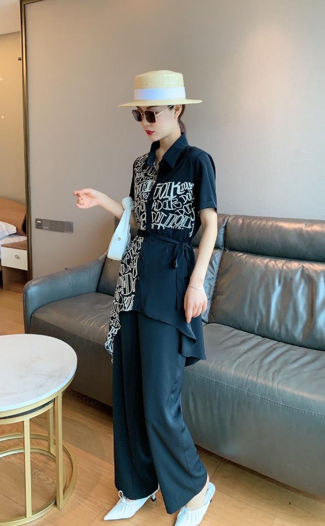 夏季新款欧版黑白英文字母冰爽气质套裤，女装，水锦红