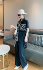 夏季新款欧版黑白英文字母冰爽气质套裤，女装，水锦红