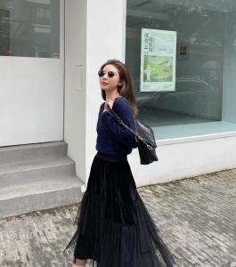 2067#丝绒拼接半裙，网纱不规则设计，小女人与活泼感兼具,女装半身裙,贝纳拉
