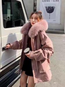 ZHG9282工装风亮晶晶抽绳真狐狸毛领内胆可拆卸皮草派克服，女装皮草，L·H·X