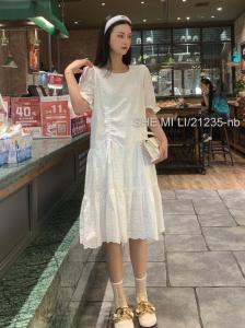 重空棉布提花抽皱连衣裙，女装连衣裙，奢米丽