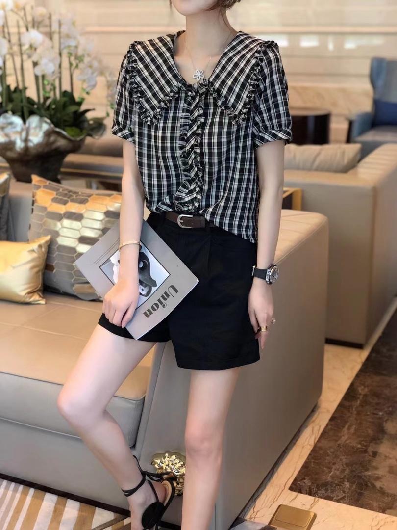 夏季娃娃领黑白格衬衫，女装衬衫，斐媞梦