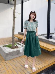 夏季新款 绿色格子木耳边休闲淑女套裙,女装,水锦红