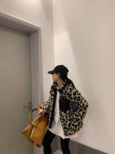 DG836潮牌豹纹立领仿羊羔毛外套，女装，L·H·X