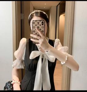 鎏金纱珍珠蝴蝶结连衣裙小黑裙,女装连衣裙,M.W 嫚维
