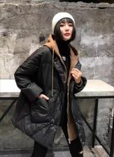 DG859欧洲站时尚拼接假两件中长新款连帽宽松口袋羽绒外套，女装，L·H·X