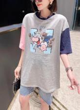 2021夏季拼色设计活性印染高飞图案全棉T恤，女装T恤，程稀