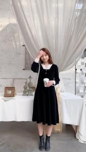 【现货】春季新款 灯芯绒方领花边修身连衣裙,女装连衣裙,布萱