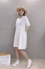 XL9917韩版夏季新款圆领宽松显瘦打褶皱单排扣中长款连衣裙，女装连衣裙，L·H·X