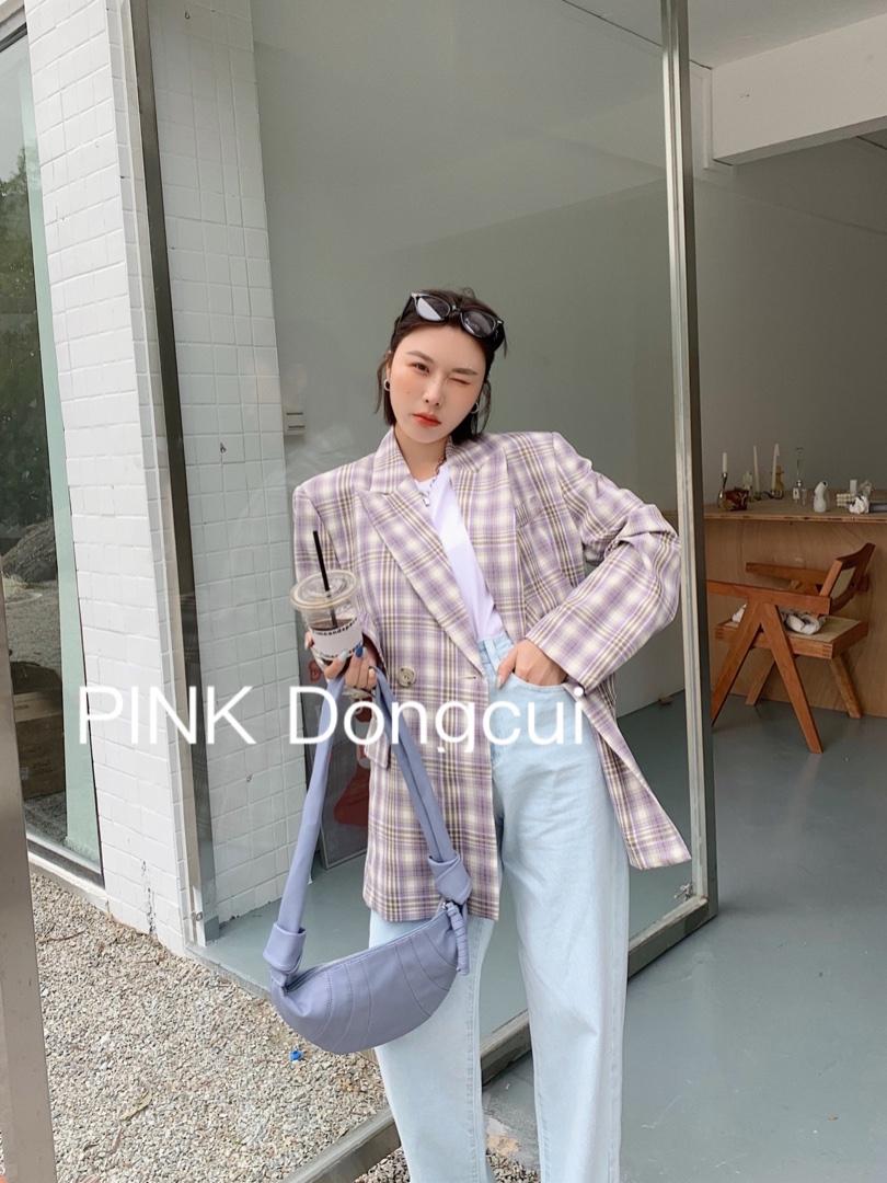 现货。薄料格子西服娃娃领亮色衬衣收腰版型超好七分袖西服，女装，PINK