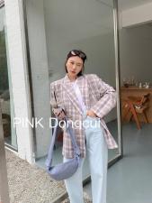 现货。薄料格子西服娃娃领亮色衬衣收腰版型超好七分袖西服，女装，PINK