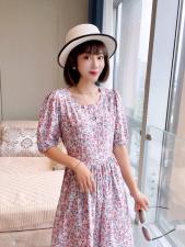 ZCL619夏季新款韩版套头圆领系带法式泡泡袖碎花连衣裙，女装连衣裙，L·H·X