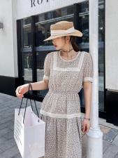 现货夏季法式碎花连衣裙2021新款收腰中长款长袖很仙的，女装连衣裙，妍妍衣坊