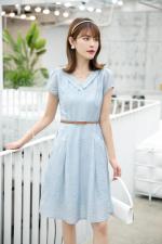 夏季新款气质提花淑女蓝色连衣裙，女装连衣裙，水锦红