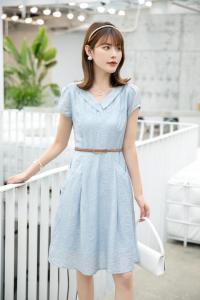 夏季新款 气质提花淑女蓝色连衣裙,女装连衣裙,水锦红