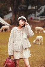 贴皮系带百分百羊羔毛颗粒皮草外套，女装皮草，L·H·X