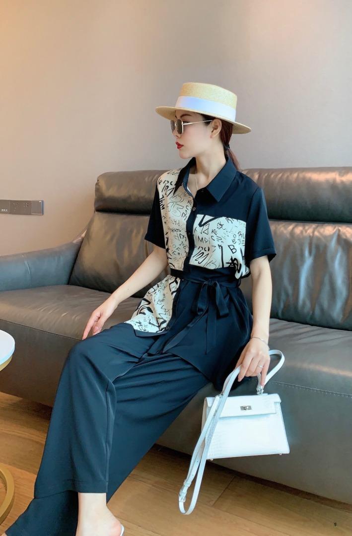 夏季新款欧版黑米英文字母冰爽气质套裤，女装，水锦红