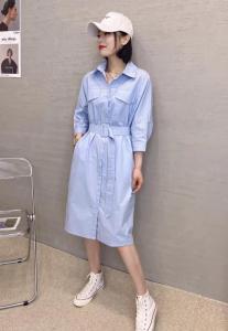 XL9905春季新款时尚气质优雅系带收腰显瘦衬衫双口袋连衣裙，女装衬衫，L·H·X