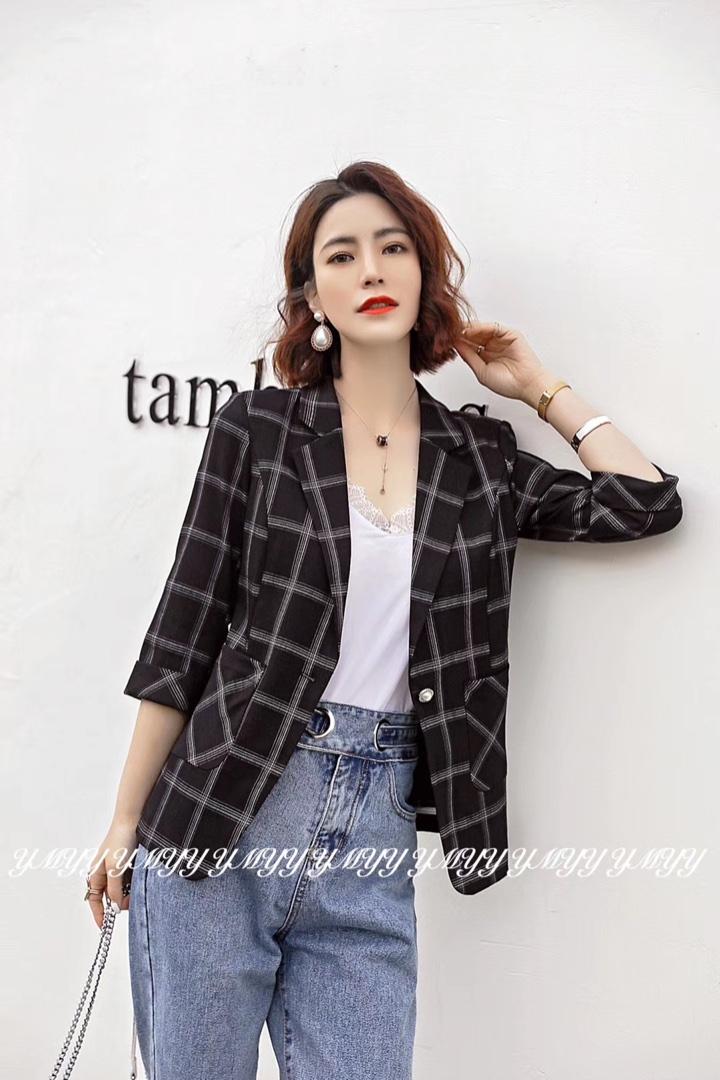 春季新款格子西装外套，女装西装，依美依缘