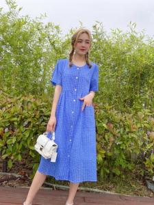 夏季小格子连衣裙,女装连衣裙,依岸