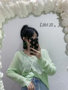 竹节麻V领针织小衫，女装，金翕服饰