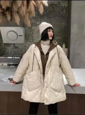 DG859欧洲站时尚拼接假两件中长新款连帽宽松口袋羽绒外套，女装，L·H·X