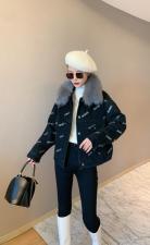 贴亮片款狐狸毛领短款派克服，女装，肆尔
