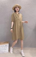 XL9917韩版夏季新款圆领宽松显瘦打褶皱单排扣中长款连衣裙，女装连衣裙，L·H·X