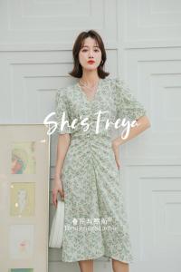 隐形提花面料褶皱韩系连衣裙,女装连衣裙,春花与熙南