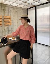 【现货】夏季新款格子花边七分袖时尚休闲薄款上衣，女装，微迪菲