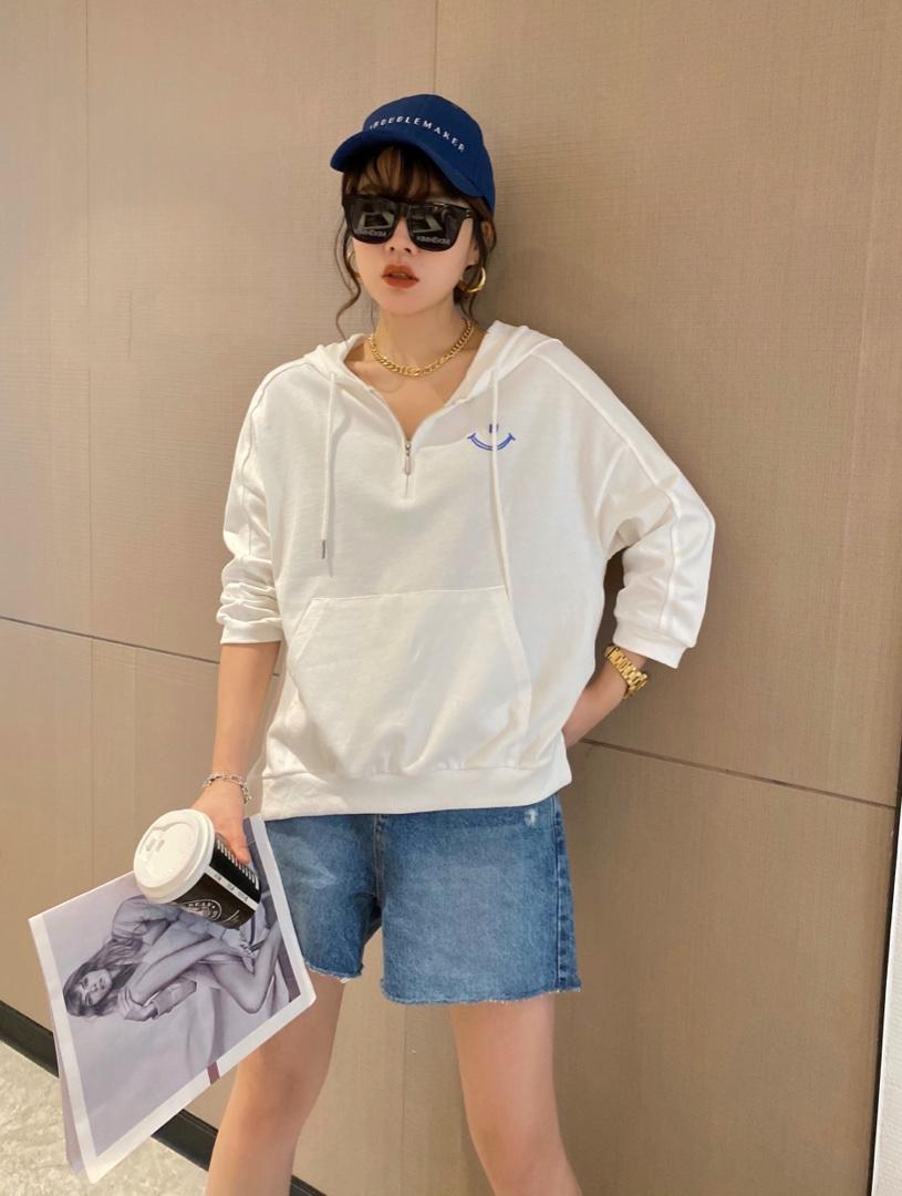 【现货】夏季新款针织连帽半拉链时尚刺绣圆领七分袖卫衣，女装卫衣/绒衫，微迪菲